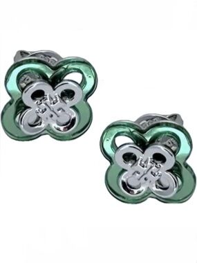 TORY BURCH STACKED GREEN + SILVER LOGO KIRA CLOVER STUD EARRINGS
